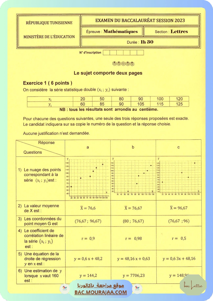 Sujet principale math Bac 2023 – Section lettre